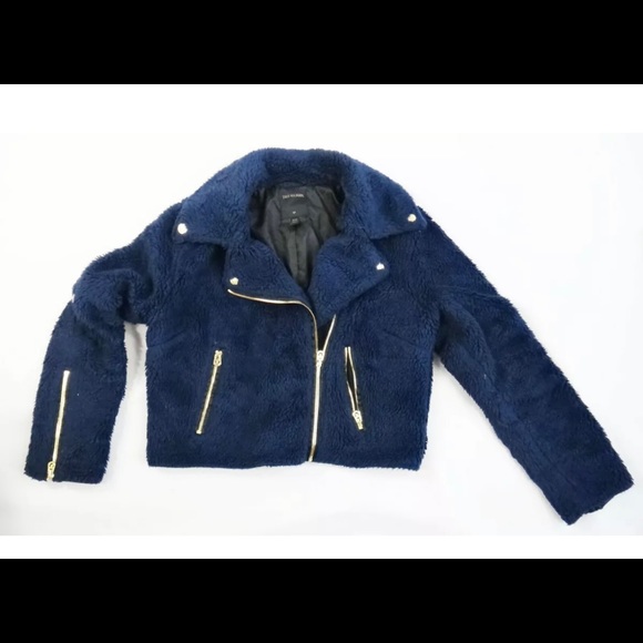 True Religion Faux Fur Moto Jacket S Dark Navy Blue Gold Women’s Sz XS NWOT - Picture 2 of 11